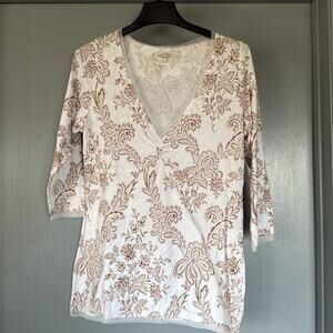 Roper White Floral Babydoll Western Pullover Top Rhinestone VNeck Long Sleeve XL